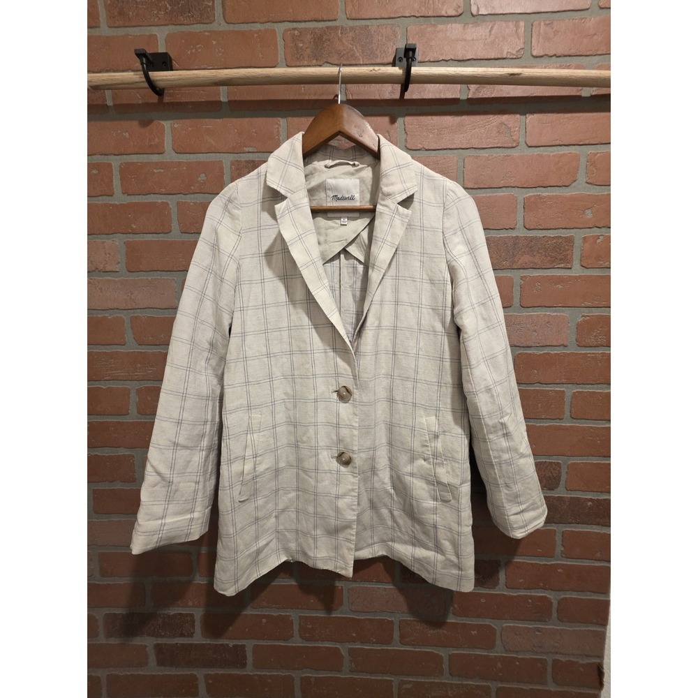 Madewell Linen Blend Dorset Blazer in Windowpane‎ Size XS cream/plaid blue sku30
